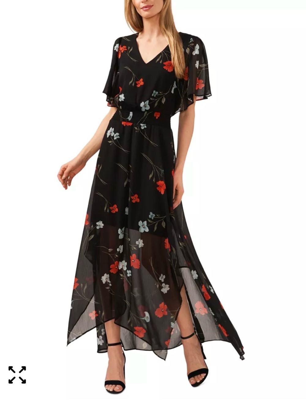 NEW Cecelia Women Black Chiffon Floral Flutter Sleeve Maxi‎ Dress XS Wedding